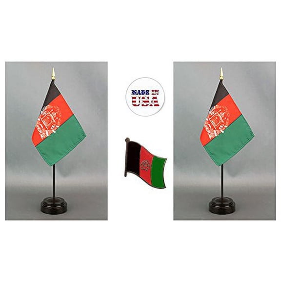 Made in The USA. 2 Afghanistan Rayon 4"x6" Miniature Office Desk & Little Hand Waving Table Flags Includes 2 Flag Stands & 2 Small Mini Afghan Stick Flags, Also Includes Afghanistan Flag Lapel Pin.