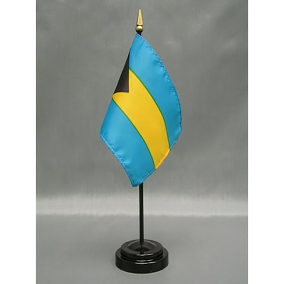 Made in The USA. 2 Bahamas Rayon 4"x6" Miniature Office Desk & Little Hand Waving Table Flags Includes 2 Flag Stands & 2 Small Mini Bahamian Stick Flags, Also Includes Bahamas Flag Lapel Pin.