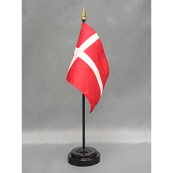 Made in The USA. 2 Denmark Rayon 4"x6" Miniature Office Desk & Little Hand Waving Table Flags Includes 2 Flag Stands & 2 Small Mini Dane Stick Flags, Also Includes Denmark Flag Lapel Pin.