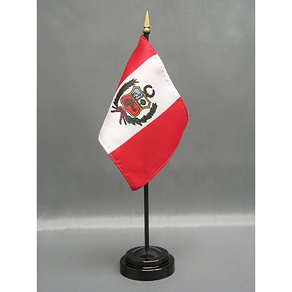 Made in The USA. 2 Peru Rayon 4"x6" Miniature Office Desk & Little Hand Waving Table Flags Includes 2 Flag Stands & 2 Small Mini Peruvian Stick Flags, Also Includes Peru Flag Lapel Pin.