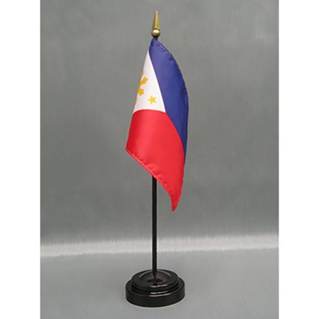 Made in The USA. 2 Philippines Rayon 4"x6" Miniature Office Desk & Little Hand Waving Table Flags Includes 2 Flag Stands & 2 Small Mini Filipino Stick Flags, Also Includes Philippines Flag Lapel Pin.