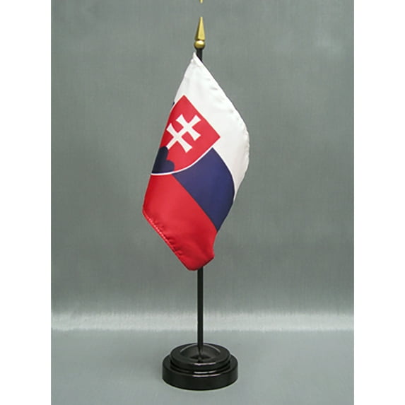 Made in The USA. 2 Slovakia Rayon 4"x6" Miniature Office Desk & Little Hand Waving Table Flags Includes 2 Flag Stands & 2 Small Mini Slovakian Stick Flags, Also Includes Slovakia Flag Lapel Pin.