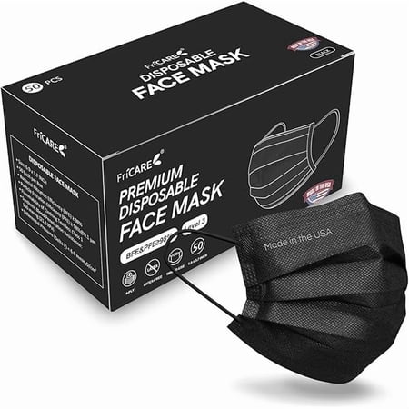 Made in USA Disposable Face Masks, 4-Ply ASTM Level 3 Medical Grade, FSA/HSA Eligible, Breathable & Comfortable for Allergy/Sun Protection, 50 Pack Black