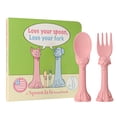 thumbnail image 1 of Made in USA Toddler Utensil Set (2 Pack) & Board Book - Spoon & Fork for Kids, Self-Standing 3D Ergonomic Cat & Dog Handles, BPA-free, Dishwasher Safe (Pink), 1 of 9