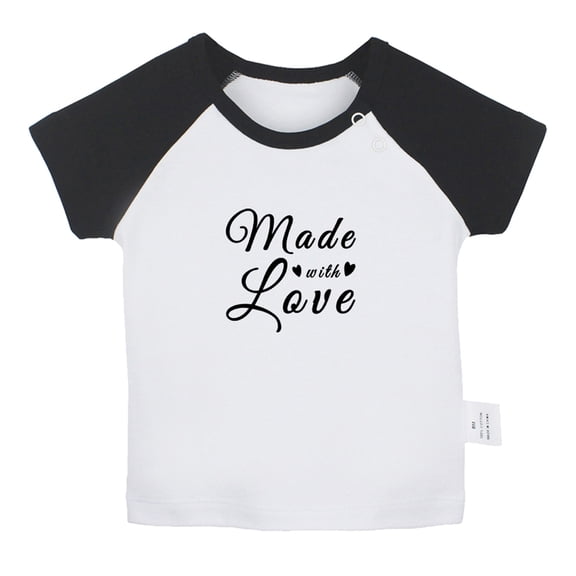 Made With Love Funny T shirt For Baby, Newborn Babies T-shirts, Infant Tops, 0-24M Kids Graphic Tees Clothing (Short Black Raglan T-shirt, 12-18 Months)