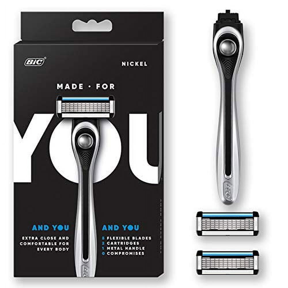 Made For YOU by BIC Shaving Razor Blades for Every Body - Men & Women, with 2 Cartridge Refills - 5-Blade Razors for a Smooth Close Shave & Hair Removal, NICKEL, Kit