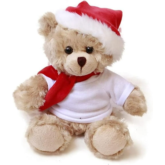 Made By Aliens Customize Shirt Xmas Soft Mocha Chocolate Beige Teddy Bear, Christmas Hat and Scarf Stuffed Animal Holiday Toys Custom Accessories – A Perfect Toy Gift for Kids 6 Inch (Beige-White)
