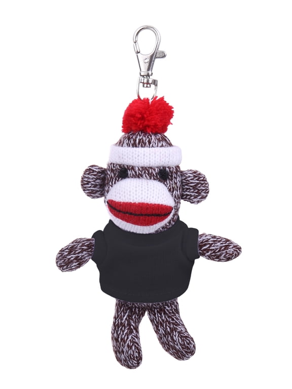 Personalized Original Sock Monkey Keychain Stuffed Animal Plush Toy Clip for Kids and Adult Keys- Purse and Bags-4 inches (Black)