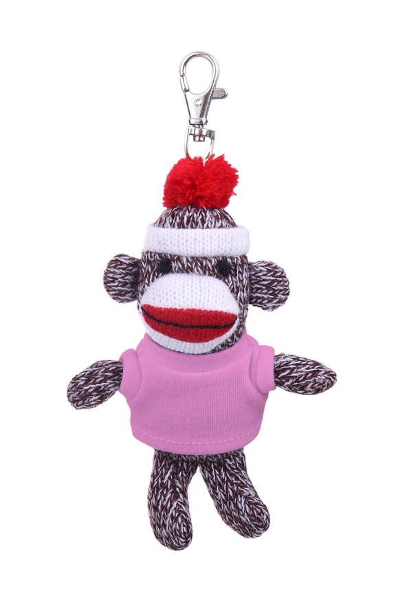 Personalized Original Sock Monkey Keychain Stuffed Animal Plush Toy Clip for Kids and Adult Keys, Purse and Bags, 4 inches (Pink)