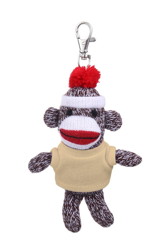 Personalized Original Sock Monkey Keychain Stuffed Animal Plush Toy Clip for Kids and Adult Keys, Purse and Bags, 4 inches (Tan)