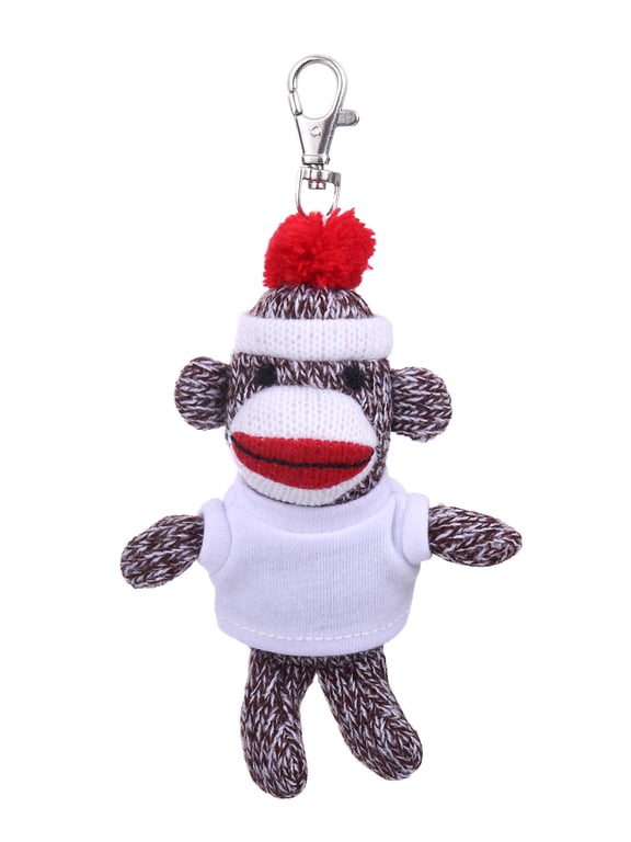 Personalized Original Sock Monkey Keychain Stuffed Animal Plush Toy Clip for Kids and Adult Keys, Purse and Bags, 4 inches (White)