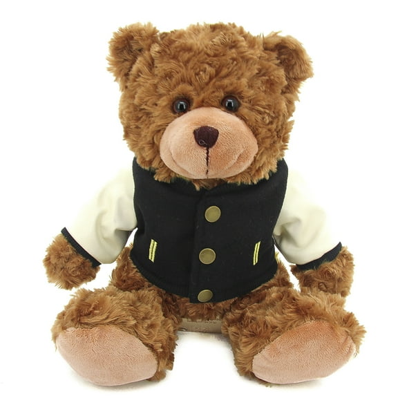 Made by Aliens Stuffed Animal Classic Mocha Bear 11" with Varsity Jacket, Plush Bear Toy for Kids & Adults with Cute Outfits