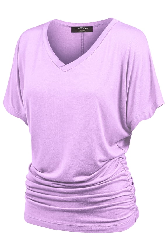 V Neck Short Sleeve Dolman Top with Side Shirring S LILAC