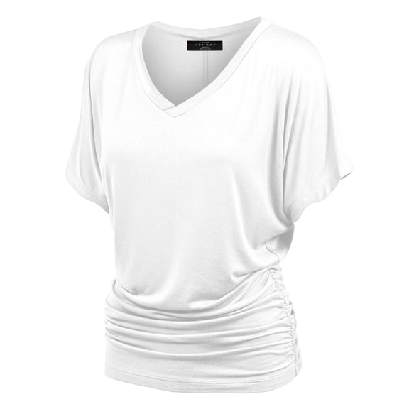 Made by Johnny V Neck Short Sleeve Dolman Top with Side Shirring XS WHITE