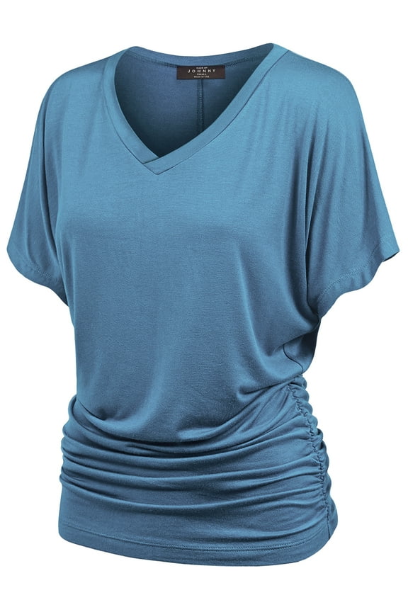 V Neck Short Sleeve Dolman Top with Side Shirring XXXL DENIM