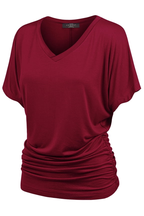V Neck Short Sleeve Dolman Top with Side Shirring XXXL WINE