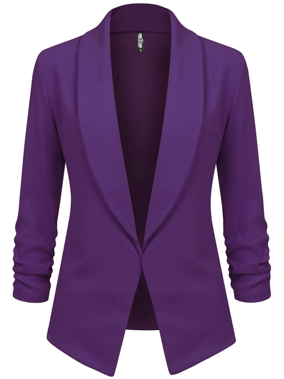 Women's 3/4 Sleeve Blazer Open Front Cardigan Jacket Work Office Blazer L PURPLE