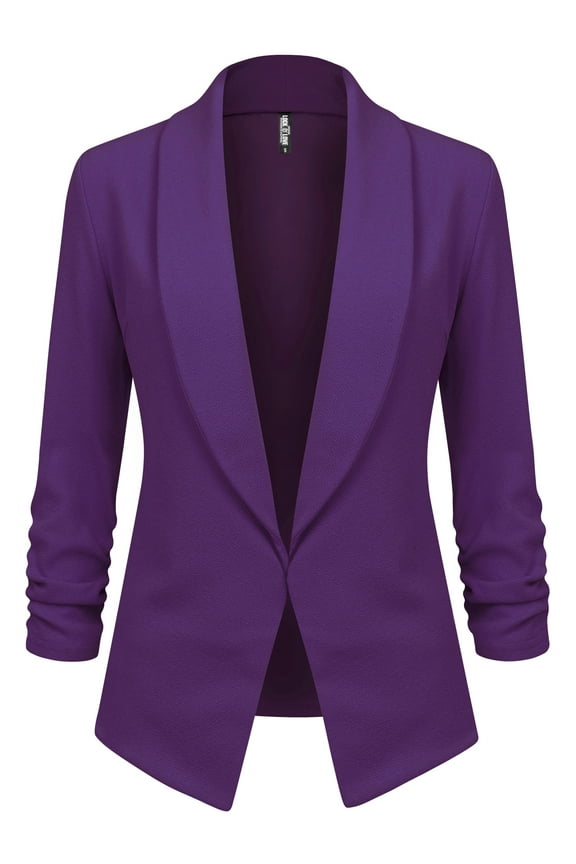 Women's 3/4 Sleeve Blazer Open Front Cardigan Jacket Work Office Blazer XL PURPLE