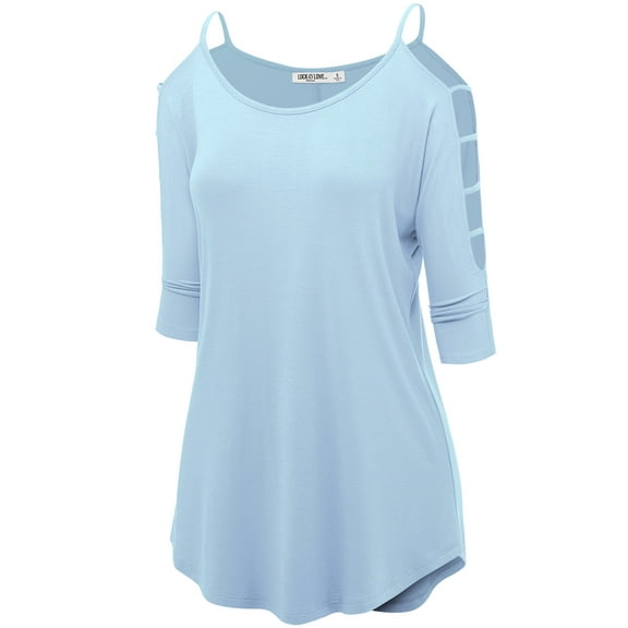 Made by Johnny Women's 3/4 Sleeve Hollowed Out Shoulder Top L AQUA
