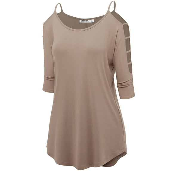 Made by Johnny Women's 3/4 Sleeve Hollowed Out Shoulder Top L TAUPE