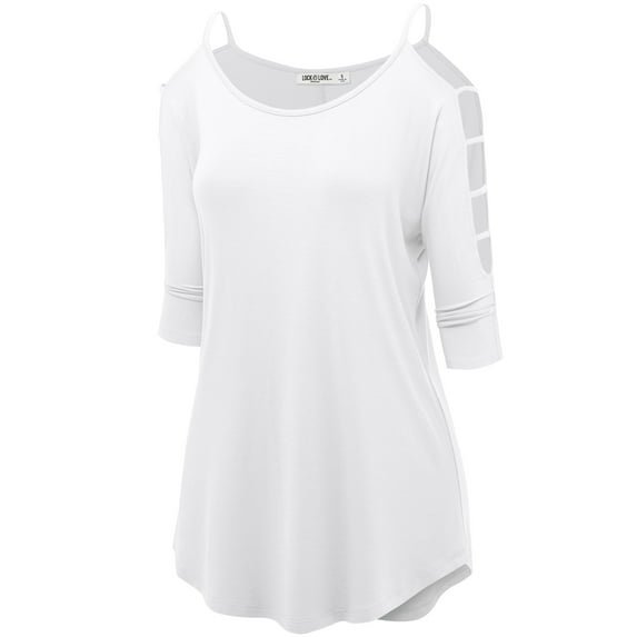 Made by Johnny Women's 3/4 Sleeve Hollowed Out Shoulder Top L WHITE