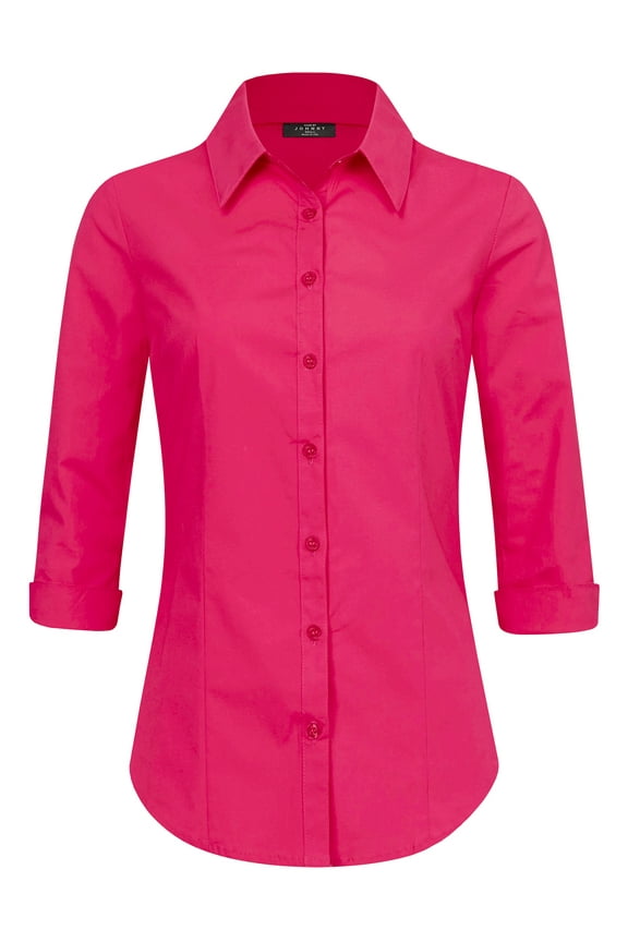 Women's 3/4 Sleeve Tailored Button Down Shirts L FUCSHIA