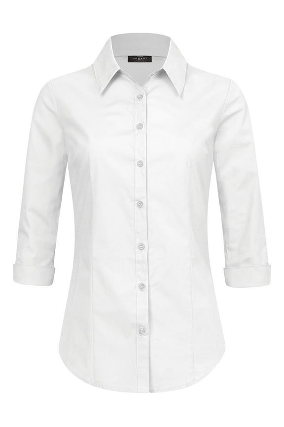 Women's 3/4 Sleeve Tailored Button Down Shirts M BRIGHT_WHITE