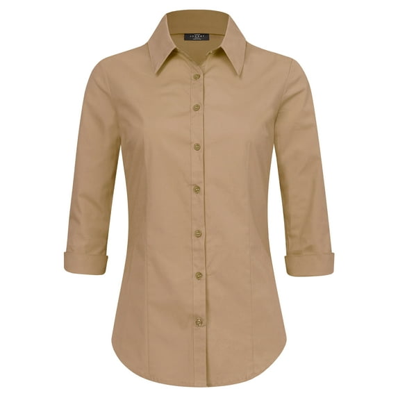 Made by Johnny Women's 3/4 Sleeve Tailored Button Down Shirts M NEW_KHAKI