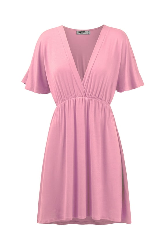 Women's Airy Short Sleeve Kimono Style Deep V Neck Dress Top S-3XL Plus Size L PINK