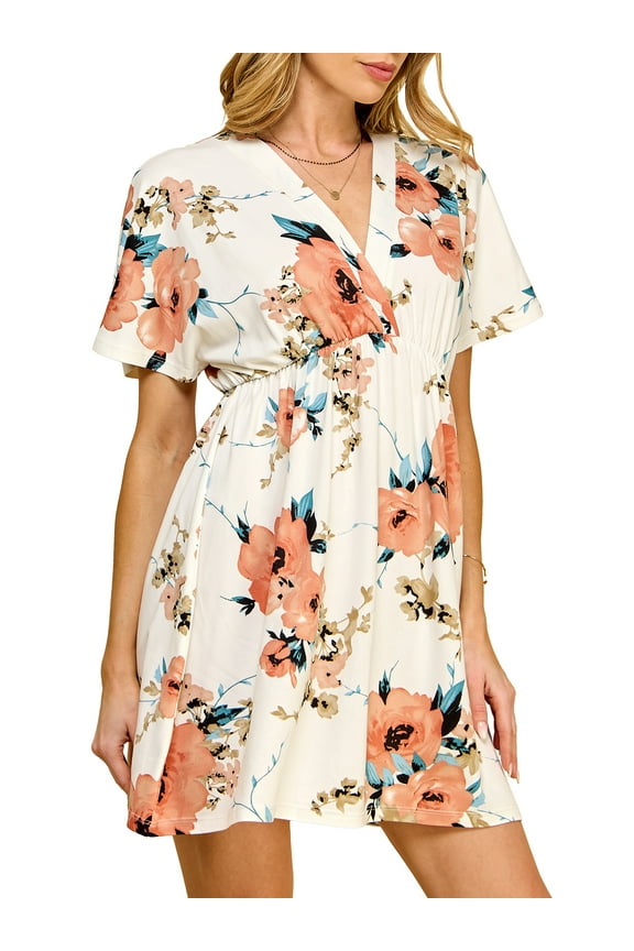 Women's Airy Short Sleeve Kimono Style Deep V Neck Dress Top S-3XL Plus Size L WHITE_FLORAL