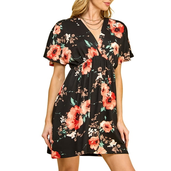 Made by Johnny Women's Airy Short Sleeve Kimono Style Deep V Neck Dress Top S-3XL Plus Size XL BLACK_FLORAL