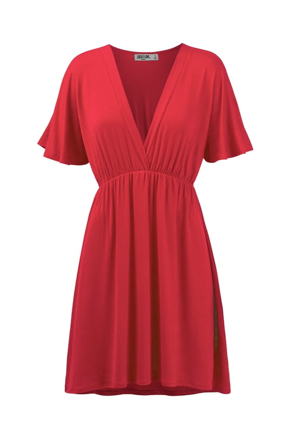 Women's Airy Short Sleeve Kimono Style Deep V Neck Dress Top S-3XL Plus Size XL RED