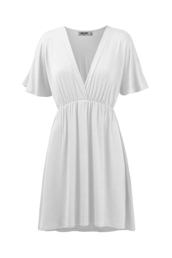 Women's Airy Short Sleeve Kimono Style Deep V Neck Dress Top S-3XL Plus Size XXL WHITE