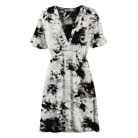 Made by Johnny Women's Airy Short Sleeve Kimono Style Deep V Neck Tie dye Dress M WHITE_BLACK