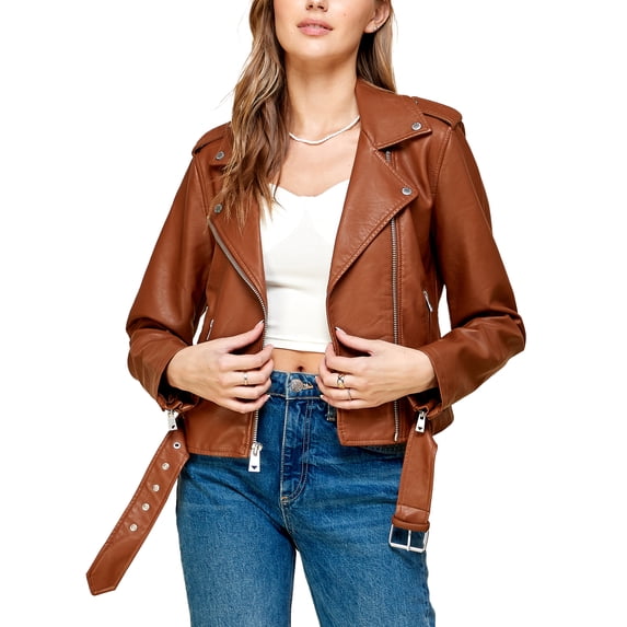 Made by Johnny Women's Asymmetrical Faux Lether Belted Moto Jacket L CAMEL