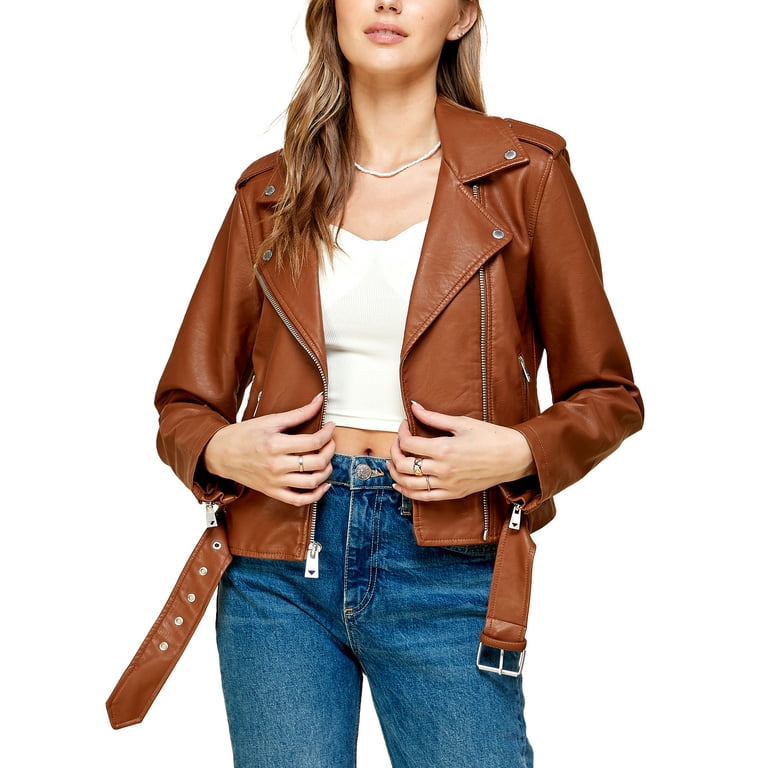 Made by Johnny Women's Asymmetrical Faux Lether Belted Moto Jacket M CAMEL