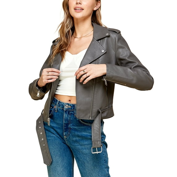 Made by Johnny Women's Asymmetrical Faux Lether Belted Moto Jacket M GREY