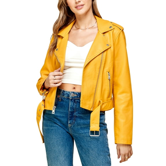 Made by Johnny Women's Asymmetrical Faux Lether Belted Moto Jacket S MUSTARD