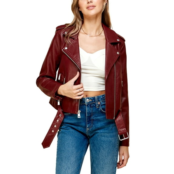 Made by Johnny Women's Asymmetrical Faux Lether Belted Moto Jacket XL WINE