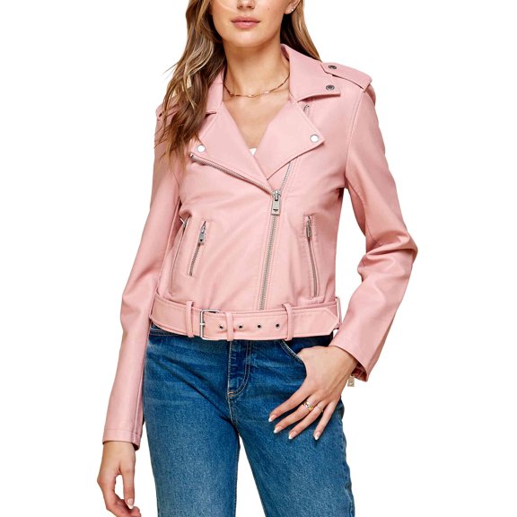 Made by Johnny Women's Asymmetrical Faux Lether Belted Moto Jacket XXL PINK