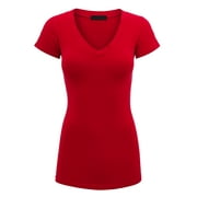 Made by Johnny Women's Basic Fitted Short Sleeve V-Neck T Shirt L RED