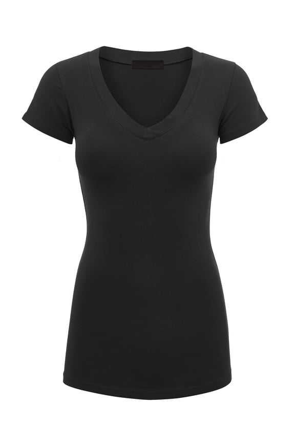 Women's Basic Fitted Short Sleeve V-Neck T Shirt M BLACK