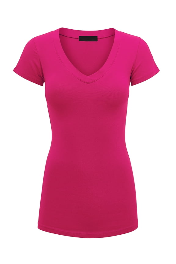 Women's Basic Fitted Short Sleeve V-Neck T Shirt XL FUCHSIA