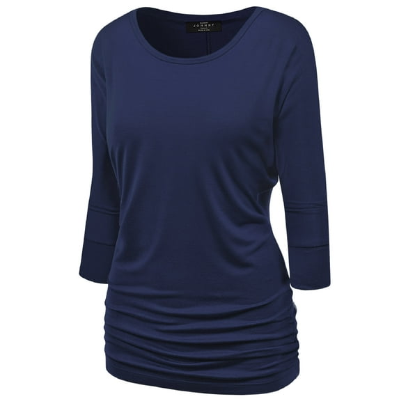 Made by Johnny Women's Boat Neck 3/4 Sleeve Draped Dolman Top with Side Shirring Premium Shirt L NAVY