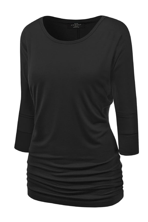 Women's Boat Neck 3/4 Sleeve Draped Dolman Top with Side Shirring Premium Shirt M BLACK