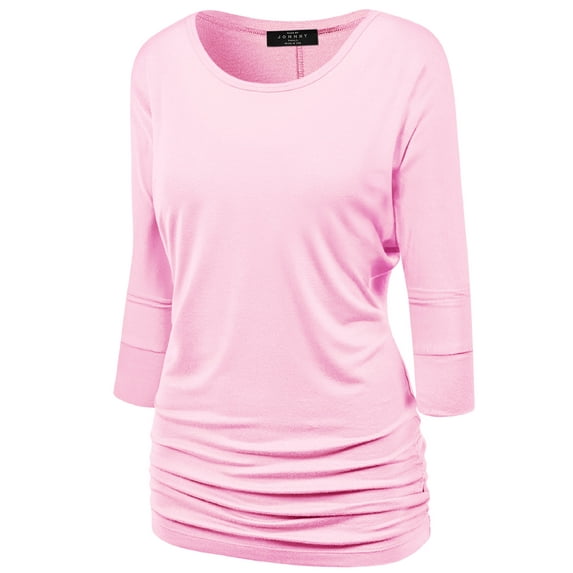 Made by Johnny Women's Boat Neck 3/4 Sleeve Draped Dolman Top with Side Shirring Premium Shirt M PINK