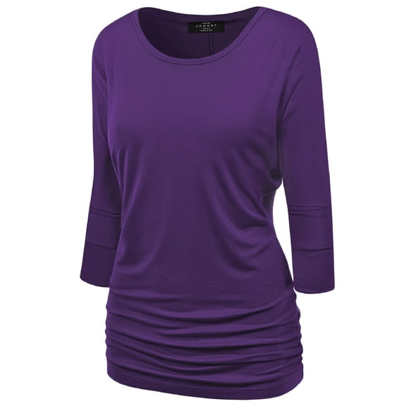 Made by Johnny Women's Boat Neck 3/4 Sleeve Draped Dolman Top with Side Shirring Premium Shirt S DARK_PURPLE