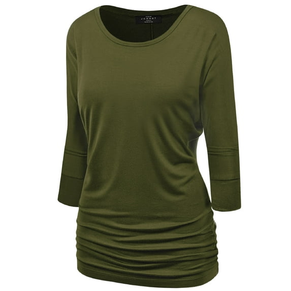 Made by Johnny Women's Boat Neck 3/4 Sleeve Draped Dolman Top with Side Shirring Premium Shirt S OLIVE