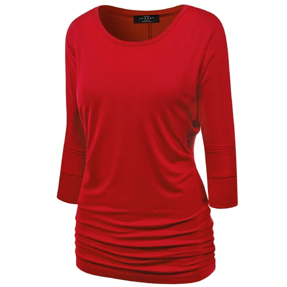 Made by Johnny Women's Boat Neck 3/4 Sleeve Draped Dolman Top with Side Shirring Premium Shirt S RED