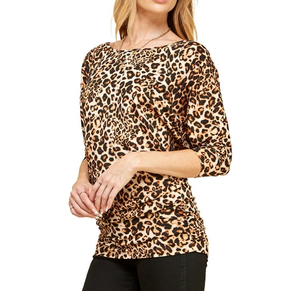 Made by Johnny Women's Boat Neck 3/4 Sleeve Draped Dolman Top with Side Shirring Premium Shirt XS LEOPARD